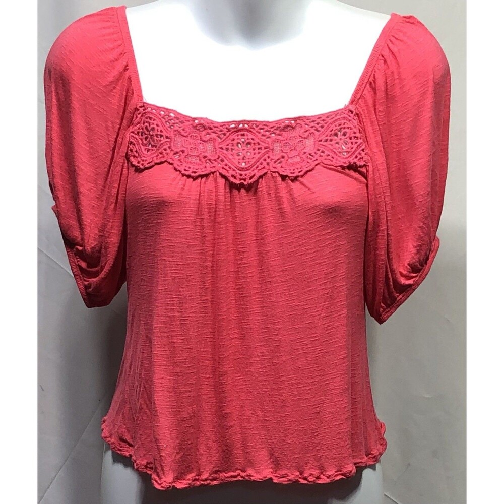 Vintage Apples Cropped Babydoll Top S Coral Crochet Lace Ruffle Fairy whimsy Y2K